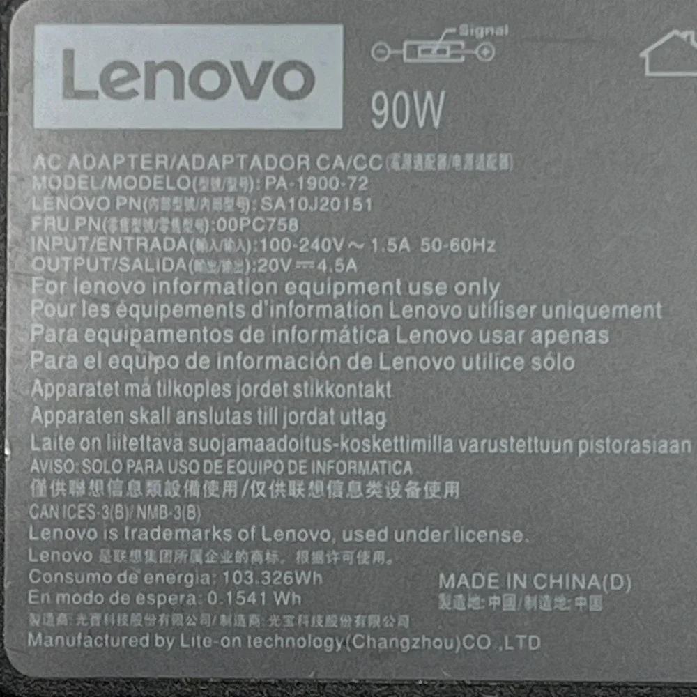 Lenovo AC Adapter Laptop Charger 90W Black Very‎ Good PA-1900-72 Slim Tip 20V